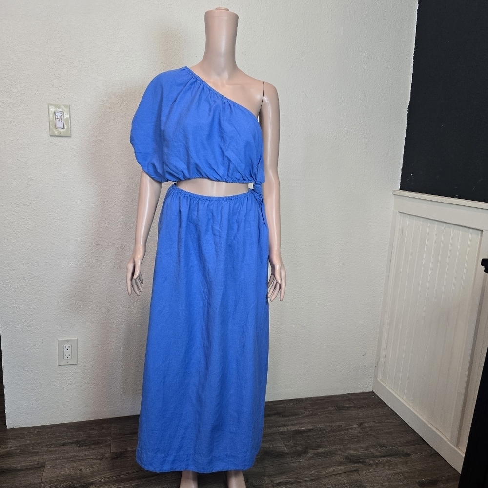 Farm Rio Copacabana Women's Blue Tie Knot One Shoulder Cutout Midi Dress Size M - Picture 2 of 16
